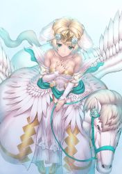 Rule 34 | 1girl, absurdres, blonde hair, blue eyes, blue flower, blue hair, blue rose, breasts, bridal veil, collarbone, commentary request, crown, detached sleeves, dress, earrings, fire emblem, fire emblem heroes, fjorm (fire emblem), flower, fukadumeasadume, gradient hair, hair flower, hair ornament, hand on own chest, highres, horse, jewelry, light smile, looking at viewer, medium breasts, multicolored hair, nintendo, pegasus, rose, short hair, simple background, sitting on animal, solo, strapless, strapless dress, tiara, veil, wedding dress, white dress, white horse, white sleeves, white wings, wings