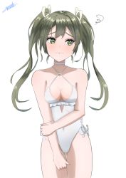 Rule 34 | 1girl, anchor, breasts, casual one-piece swimsuit, choker, cleavage, commentary request, cosplay, cowboy shot, criss-cross halter, dark green hair, flower, frilled one-piece swimsuit, frilled swimsuit, frills, gucchi (gucchi zuizui), hair flower, hair ornament, hairband, halterneck, highleg, highleg swimsuit, highres, kantai collection, long hair, looking at viewer, one-piece swimsuit, sagiri (kancolle), sagiri (kancolle) (cosplay), side-tie swimsuit, signature, simple background, small breasts, solo, standing, swimsuit, thigh gap, twintails, white background, white choker, white one-piece swimsuit, yellow eyes, zuikaku (kancolle)
