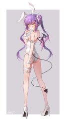 Rule 34 | 1girl, absurdres, animal ears, ass, back, bare shoulders, blush, breasts, clothing cutout, demon tail, demon wings, detached collar, ear piercing, fake animal ears, green eyes, hair ornament, hairclip, high heels, highres, hololive, leotard, long hair, looking at viewer, multicolored hair, piercing, pink hair, playboy bunny, purple hair, rabbit ears, rabbit tail, rei (9086), small breasts, solo, standing, strapless, strapless leotard, tail, tail through clothes, tokoyami towa, twintails, virtual youtuber, wings, wrist cuffs