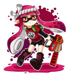 1girl black_undershirt brown_footwear cephalopod_eyes commentary commission english_commentary hachimaki hand_on_own_hip headband holding holding_weapon ink ink_tank_(splatoon) inkling nejiri_hachimaki nintendo pink_hair rapid_blaster_pro_(splatoon) red_shirt sandragh shirt signature smile splatoon_(series) splatoon_1 suction_cups tentacle_hair transparent_background v-neck watermark weapon white_headband