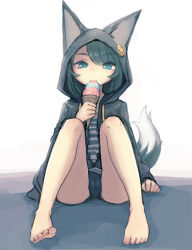 Rule 34 | 1girl, animal ears, animal hood, arm support, bad id, bad tumblr id, badge, bare legs, barefoot, bee (deadflow), blue eyes, blue hair, body blush, button badge, cameltoe, clenched hand, eating, eyebrows, feet, food, fox ears, fox tail, full body, holding, holding food, hood, ice cream, ice cream cone, jacket, looking at viewer, matching hair/eyes, original, shirt, sitting, sketch, smiley face, solo, striped clothes, striped shirt, swept bangs, tail, toes, tongue, tongue out, unzipped, white background