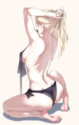 Rule 34 | 1girl, ass, ayakumo, barefoot, bikini, bikini in mouth, black bikini, blonde hair, blue eyes, breasts, clothes in mouth, from behind, hair between eyes, holding, holding own hair, kantai collection, long hair, looking back, mole, mole under eye, mole under mouth, on one knee, richelieu (kancolle), soles, solo, swimsuit, thighs, untied bikini