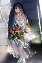 Rule 34 | 1girl, absurdres, black hair, blue eyes, bouquet, bridal veil, bride, closed mouth, crying, crying with eyes open, dress, flower, gawako, highres, holding, holding bouquet, looking afar, looking at viewer, original, seat, solo, tears, train, train interior, veil, wedding dress, white dress