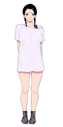 Rule 34 | 1girl, arms behind back, bare legs, braid, breasts, brown eyes, commentary request, forehead, full body, futamine kobito, grey socks, hair ornament, hairclip, highres, large breasts, legs, looking at viewer, medium hair, no pants, off shoulder, original, shadow, shirt, short sleeves, simple background, socks, solo, standing, star (symbol), star print, sweatdrop, thighs, twin braids, white background, white shirt