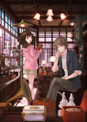 Rule 34 | 1boy, 1girl, :d, birdcage, brown eyes, brown hair, cabinet, cage, chandelier, head rest, dazaifu orgel-dou, from behind, itou hide, jewelry, jewelry box, kaoming, lantern, crossed legs, looking at viewer, looking back, music box, necklace, open mouth, original, red legwear, sakashita mana, short hair, shorts, sitting, smile, socks, stool, sweater