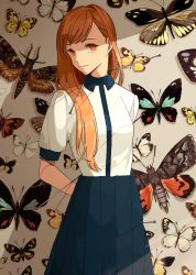 Rule 34 | 1girl, arms behind back, bug, butterfly, expressionless, insect, kurokeisin, long hair, looking at viewer, mole, mole under eye, moth, orange hair, original, pinned, red eyes, shadow, short sleeves, skirt, solo