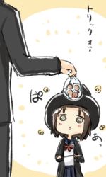 Rule 34 | 1boy, 1girl, :o, @ @, bag, black pants, black robe, blue skirt, blush stickers, brown hair, candy, comic, costume, engiyoshi, food, halloween, hat, height difference, holding, holding bag, holding wand, long sleeves, looking up, original, out of frame, pants, pleated skirt, red ribbon, ribbon, robe, school uniform, serafuku, short hair, skirt, solo focus, standing, sweets, translated, trick or treat, wand, witch hat