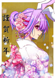 1girl absurdres alternate_costume animal_ears border breasts cherry_blossom_print commentary_request floral_print floral_print_kimono flower from_side furisode hair_flower hair_ornament hair_up highres japanese_clothes kanzashi kimono light_smile long_hair long_sleeves looking_at_viewer naonakamura new_year obi outside_border parted_lips pink_eyes pink_flower profile purple_hair rabbit_ears reisen_udongein_inaba sash solo touhou upper_body white_border