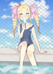 Rule 34 | 1girl, 2022, 20s, absurdres, bare arms, bare shoulders, beatrice (re:zero), blonde hair, blue eyes, blush, bow, butterfly-shaped pupils, child, cloud, collarbone, crown, day, drill hair, eating, feet in water, feet out of frame, female focus, fence, food, full body, hair bow, hair ornament, highres, ice cream, long hair, looking at viewer, mini crown, one-piece swimsuit, outdoors, pool, re:zero kara hajimeru isekai seikatsu, roise (artist), school swimsuit, sitting, sky, solo, swimsuit, symbol-shaped pupils, twin drills, unusual pupils, water, wet