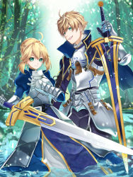 Rule 34 | 1boy, 1girl, :d, ahoge, annojou haruto, armor, armored dress, arthur pendragon (fate), artoria pendragon (all), artoria pendragon (fate), blonde hair, blue cape, braid, braided bun, cape, day, excalibur (fate/prototype), excalibur (fate/stay night), fate/prototype, fate (series), forest, gauntlets, green eyes, hair between eyes, hair bun, holding, holding sword, holding weapon, looking at viewer, nature, open mouth, outdoors, saber (fate), sidelocks, smile, standing, sword, wading, weapon
