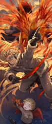 Rule 34 | 10s, 2boys, aged down, armor, back-to-back, blonde hair, bodysuit, boku no hero academia, boots, broken goggles, brown eyes, brown gloves, coat, endeavor (boku no hero academia), eyewear on head, feathered wings, feathers, fire, fire, fur-trimmed coat, fur-trimmed gloves, fur collar, fur trim, gloves, goggles, goggles on eyes, hawks (boku no hero academia), headphones, highres, holding, holding toy, long sleeves, looking to the side, multiple boys, one eye closed, open mouth, red hair, red wings, shinomaru, short hair, shoulder armor, toy, wings, winter clothes, winter coat