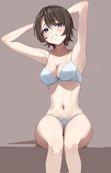 Rule 34 | 1girl, armpits, arms behind head, arms up, black hair, blue eyes, bow, bow bra, bow panties, bra, breasts, brown background, cleavage, feet out of frame, grin, highres, hololive, looking at viewer, medium breasts, navel, nayuyu1105, oozora subaru, panties, short hair, simple background, sitting, smile, solo, underwear, underwear only, virtual youtuber, white bra, white panties