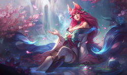 Rule 34 | 1girl, ahri (league of legends), alternate hair color, animal ears, bell, blue eyes, breasts, choker, cleavage, feet in water, fox ears, fox tail, hair bell, hair ornament, heart, japanese clothes, jingle bell, kimono, korean clothes, league of legends, long hair, looking at viewer, medium breasts, nail polish, nature, official art, pink hair, short kimono, sitting, solo, spirit blossom ahri, tagme, tail, thighhighs, zettai ryouiki