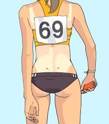 Rule 34 | 1girl, ass, back, blue background, brown hair, dimples of venus, female focus, from behind, one-piece tan, original, relay baton, simple background, skiplure, solo, sports bikini, tan, tanline, track and field, track uniform, wristband