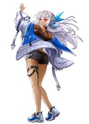 Rule 34 | 1girl, absurdres, basket, black shorts, black skin, colored skin, dancing archer tinia, expressionless, full body, guardian tales, hair ornament, hand up, highres, jacket, long hair, looking back, official alternate costume, official art, open clothes, red eyes, shorts, transparent background, white hair