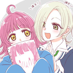 Rule 34 | !, 2girls, :&lt;, :d, ahoge, alternate eye color, blonde hair, blue jacket, blunt bangs, blush, character name, collared shirt, commentary, covering own mouth, eye contact, green eyes, grey background, hair over one eye, hand on another&#039;s shoulder, happy, holding, holding sketchbook, jacket, letterman jacket, looking at another, love live!, love live! nijigasaki high school idol club, medium hair, mia taylor, multiple girls, open mouth, outline, pink hair, rina-chan board, sasamaru chimaki, shirt, short hair, sketchbook, sleeves past wrists, smile, tennoji rina, upper body, white outline, white shirt, yellow eyes, yuri