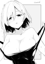 Rule 34 | 1girl, bare shoulders, breasts, cleavage, clothes pull, greyscale, hair ornament, hairclip, half-closed eyes, kichihachi, large breasts, monochrome, one-piece swimsuit, one-piece swimsuit pull, original, outside border, short hair, simple background, solo, swimsuit