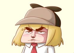Rule 34 | 1girl, absurdres, barakamon, black eyes, blonde hair, brown hat, chibi, commentary, deerstalker, hat, highres, hololive, hololive english, long sleeves, looking up, necktie, parody, parted lips, phdpigeon, red necktie, shirt, simple background, smol ame, solo, style parody, thick eyebrows, upper body, virtual youtuber, watson amelia, white shirt, wing collar, yellow background