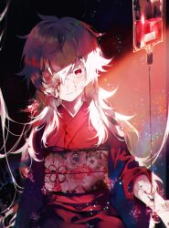 Rule 34 | 1girl, bandaged head, bandages, blood, blood bag, blood on face, colored eyelashes, haine (summertime render), head tilt, highres, japanese clothes, kimono, long hair, looking at viewer, lor (roasyerizyonirapi), messy hair, obi, parted lips, red eyes, red kimono, sash, sitting, solo, summertime render, white hair