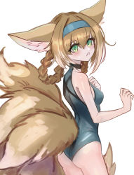 Rule 34 | 1girl, absurdres, animal ear fluff, animal ears, arknights, black choker, blonde hair, blue hairband, blue one-piece swimsuit, blush, braid, braided hair rings, breasts, choker, collarbone, commentary request, cowboy shot, embarrassed, fang, fox ears, fox girl, fox tail, from side, green eyes, hair rings, hairband, highres, looking at viewer, looking to the side, multiple tails, one-piece swimsuit, open mouth, shino duka, skin fang, small breasts, solo, suzuran (arknights), swimsuit, tail