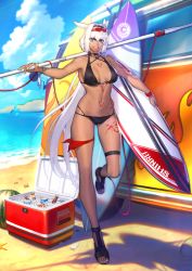 Rule 34 | 1girl, animal ears, arm tattoo, beach, bikini, blue eyes, breasts, caenis (fate), caenis (swimsuit rider) (fate), caenis (swimsuit rider) (first ascension) (fate), chaldea logo, chest tattoo, cooler, crab, dark-skinned female, dark skin, day, eyewear on head, fate/grand order, fate (series), food, fruit, full body, grey hair, hair between eyes, holding, holding surfboard, large breasts, long hair, looking at viewer, navel, official art, outdoors, parted lips, sand, sandals, smile, solo, standing, standing on one leg, starfish, stomach tattoo, sunglasses, surfboard, swimsuit, tattoo, teeth, thigh strap, very long hair, water, watermelon