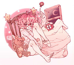 Rule 34 | 1girl, alarm clock, bed, blouse, bottomless, clock, commentary, dated, glasses, highres, messy hair, moon, original, pajamas, pillow, pink hair, poch4n, red eyes, shirt, short hair, signature, star (symbol), striped clothes, striped shirt, stuffed animal, stuffed toy, teddy bear, window