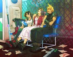 Rule 34 | 1boy, 2girls, aerith gainsborough, bench, black hair, black thighhighs, blonde hair, blue bench, boots, bri (brigriv), brown hair, buster sword, cloud strife, crop top, cropped jacket, dirty, dress, exhausted, fence, final fantasy, final fantasy vii, final fantasy vii remake, head back, jacket, mage staff, materia, multiple girls, pink dress, red jacket, sitting, sleeveless, sleeveless turtleneck, suspenders, sweat, thighhighs, tifa lockhart, tongue, tongue out, turtleneck