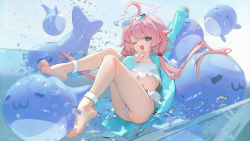 Rule 34 | 1girl, ahoge, arm up, ass, bare legs, barefoot, bikini, blue archive, blue eyes, blue jacket, cameltoe, eyewear on head, feet, flat chest, frilled bikini, frills, hair bobbles, hair ornament, halo, highres, hoshino (blue archive), hoshino (swimsuit) (blue archive), inflatable toy, inflatable whale, jacket, long hair, long sleeves, looking at viewer, low twintails, one eye closed, open mouth, pink hair, smile, solo, sunglasses, swimsuit, thighs, toes, toto (caaaaarrot), twintails, very long hair, white bikini