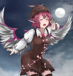 Rule 34 | 1girl, :o, blush, bow, bowtie, breasts, brown dress, brown hat, brown thighhighs, closed eyes, cloud, collarbone, cowboy shot, dress, earrings, fingernails, frilled dress, frilled sleeves, frills, full moon, green nails, grey wings, hat, head wings, highres, jewelry, long fingernails, long sleeves, moon, moonlight, music, mystia lorelei, nail polish, night, night sky, open mouth, pan-ooh, pink bow, pink bowtie, puffy long sleeves, puffy sleeves, red hair, short dress, short hair, singing, sky, solo, star (sky), starry sky, thighhighs, touhou, very long fingernails, wings, zettai ryouiki