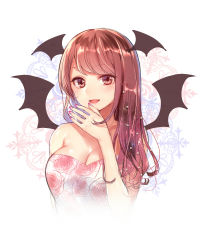 Rule 34 | 1girl, :d, alternate costume, bad id, bad pixiv id, bare arms, bare shoulders, blush, breasts, brown eyes, brown hair, cleavage, demon girl, demon wings, dress, floral print, head wings, koakuma, large breasts, long hair, looking at viewer, nail polish, open mouth, pink nails, red eyes, red hair, smile, solo, strapless, strapless dress, touhou, tsukiriran, upper body, wings