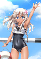 Rule 34 | 1girl, armpits, black one-piece swimsuit, blonde hair, blue eyes, blue sky, bracelet, character name, cloud, cowboy shot, crop top, day, flower, hair flower, hair ornament, highres, japanese flag, jewelry, kantai collection, lifebuoy, looking at viewer, one-piece swimsuit, one-piece tan, ro-500 (kancolle), roura, sailor collar, school swimsuit, shiny clothes, sky, solo, swim ring, swimsuit, swimsuit under clothes, tan, tanline, torpedo, waving