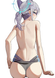 Rule 34 | 1girl, absurdres, animal ear fluff, animal ears, ass, bare back, blue archive, blue eyes, blush, clothes pull, from behind, grey hair, halo, highres, invisible chair, looking at viewer, looking back, medium hair, one-piece swimsuit, one-piece swimsuit pull, parted lips, ponytail, seizou hidzuke, shiroko (blue archive), shiroko (swimsuit) (blue archive), sidelocks, simple background, sitting, solo, sweatdrop, swimsuit, topless, white background