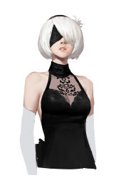 Rule 34 | 1girl, absurdres, bare shoulders, blindfold, breasts, cleavage, elbow gloves, flower, gloves, gods (1073337800), hair flower, hair ornament, hairband, highres, medium breasts, mole, mole under mouth, nier (series), nier:automata, parted lips, see-through, short hair, simple background, sleeveless, solo, upper body, white background, white gloves, white hair, 2b (nier:automata)
