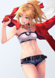 Rule 34 | 1girl, abs, armpits, bandeau, bare arms, bare shoulders, belt, blonde hair, blue shorts, braid, breasts, cigarette, collarbone, cowboy shot, cutoffs, denim, denim shorts, fate/grand order, fate (series), green eyes, grin, hair ornament, hair scrunchie, highres, ironatsuki, jacket, jewelry, long hair, looking away, micro shorts, midriff, mordred (fate), mordred (fate/apocrypha), mordred (memories at trifas) (fate), mouth hold, navel, necklace, parted bangs, ponytail, red jacket, scrunchie, shorts, small breasts, smile, smoking, solo, standing, stomach, thighs
