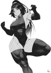 Rule 34 | 1girl, absurdres, armpits, bare shoulders, black gloves, black leotard, black thighhighs, bleach, blush, breasts, collar, covered abs, covered navel, elbow gloves, gloves, greyscale, hands up, highleg, highleg leotard, highres, large breasts, leotard, long hair, looking at viewer, monochrome, muscular, muscular female, obliques, parted bangs, ponytail, shihouin yoruichi, sideboob, signature, sleeveless turtleneck leotard, smile, solo, speedl00ver, standing, standing on one leg, taut leotard, thick thighs, thighhighs, thighs
