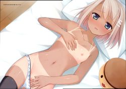 Rule 34 | 1girl, absurdres, black thighhighs, blue eyes, blush, brown hair, flat chest, highres, huge filesize, imouto no katachi, kodamasawa izumi, lying, mima chimari, nipples, no bra, on back, on bed, panties, panty pull, pillow, pussy juice, solo, sweat, tan, tanline, thighhighs, topless, underwear, underwear only, white panties