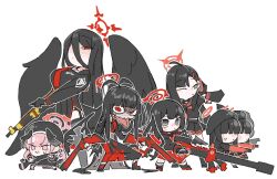 Rule 34 | 6+girls, ahoge, antenna hair, anti-materiel rifle, black hair, black serafuku, black wings, blood, blood halo, blood on clothes, blue archive, bolt action, breasts, charm (object), chibi, fingerless gloves, garter straps, gloves, grey eyes, gun, hair ornament, hairclip, halo, hasumi (blue archive), head wings, holding, holding gun, holding weapon, huge breasts, ichika (blue archive), justice task force (blue archive), justice task force member (blue archive), koharu (blue archive), lever action, liquid halo, long skirt, looking afar, looking at viewer, low wings, mashiro (blue archive), melting halo, multiple girls, pink eyes, pink hair, red eyes, red halo, rifle, school uniform, scope, serafuku, shotgun, simple background, skirt, sniper rifle, sweatdrop, syoya ko, thighhighs, tongue, tongue out, tsurugi (blue archive), weapon, white background, winchester model 1887, winged halo, wings