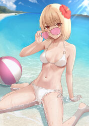 Rule 34 | 1girl, ball, beach, beachball, bikini, blonde hair, blue sky, bob cut, breasts, brown eyes, cloud, collarbone, commentary request, day, highres, holding, holding removed eyewear, medium breasts, navel, ninagawa nicole, ocean, original, removing eyewear, short hair, shukurin, side-tie bikini bottom, sitting, sky, solo, swimsuit, unworn eyewear, white bikini