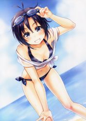 Rule 34 | 1girl, absurdres, bikini, bikini under clothes, blush, breasts, cleavage, cloud, courreges ace, day, downblouse, dutch angle, goggles, goggles on head, grin, hand on own knee, highres, idolmaster, idolmaster (classic), kikuchi makoto, leaning forward, legs, looking at viewer, medium breasts, navel, scan, see-through, shirt, short hair, side-tie bikini bottom, sky, smile, solo, striped bikini, striped clothes, swimsuit, swimsuit under clothes, tied shirt, water, wet