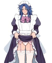 Rule 34 | 1boy, apron, blue eyes, blue hair, blush, bow, buttons, clothes lift, crossdressing, embarrassed, eyebrows, face, feet out of frame, forehead, garter straps, headband, lace, lace trim, long hair, long sleeves, looking away, maid, maid apron, maid headdress, male focus, navir log, nose blush, pale skin, panties, parted bangs, phoenix ikki, pink panties, pink ribbon, ribbon, saint seiya, sketch, skirt, skirt lift, sleeves past elbows, solo, solo focus, standing, thighhighs, thighs, trap, underwear, white background, white thighhighs
