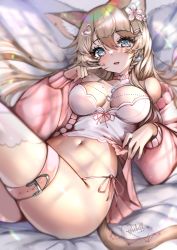 Rule 34 | 1girl, absurdres, animal ears, artist name, blue eyes, breasts, camisole, choker, feet out of frame, finger to cheek, heart, heart choker, highres, index finger raised, indie virtual youtuber, light brown hair, long hair, long sleeves, lying, medium breasts, navel, no pants, on back, open mouth, panties, pink panties, pink sweater, rosebell, sakurai hana, side-tie panties, signature, solo, sweater, tail, thigh strap, underwear, virtual youtuber