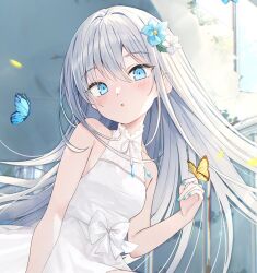 Rule 34 | 1girl, :o, animal, blue eyes, blue flower, blue nails, blush, bow, breasts, bug, butterfly, collarbone, commentary request, covered collarbone, dress, flower, grey hair, hair between eyes, hair flower, hair ornament, insect, long hair, looking at viewer, nail polish, original, parted lips, saeki sora, sleeveless, sleeveless dress, small breasts, solo, very long hair, white bow, white dress, white flower