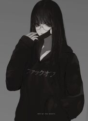 Rule 34 | 1girl, absurdres, aoi ogata, artist name, black-framed eyewear, black hair, black hoodie, clip studio paint (medium), closed mouth, clothes writing, commentary, english commentary, glasses, grey background, hand in pocket, hand up, hate-chan, highres, hood, hood down, hoodie, long hair, long sleeves, looking at viewer, mask, mask pull, mouth mask, original, puffy long sleeves, puffy sleeves, purple eyes, round eyewear, simple background, sleeves past wrists, solo, upper body
