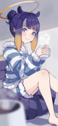 Rule 34 | 1girl, absurdres, ayamenma, bare legs, bean bag chair, blonde hair, blue eyes, blue hair, blunt bangs, blurry, blurry foreground, closed mouth, cup, cushion, foot out of frame, from side, fur-trimmed hood, fur-trimmed shorts, fur-trimmed sleeves, fur trim, gradient hair, hair bun, hair ears, halo, hands up, highres, holding, holding cup, hololive, hololive english, hood, hoodie, knees up, light blush, long sleeves, looking at viewer, looking to the side, mole, mole under eye, mug, multicolored hair, ninomae ina&#039;nis, shorts, sidelocks, sideways glance, single hair bun, sitting, smile, solo, steam, striped clothes, striped hoodie, striped shorts, virtual youtuber