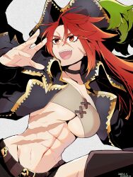 Rule 34 | 1girl, :d, abs, bandeau, belt, boots, breasts, etrian odyssey, facial scar, grey background, hat, hat feather, highres, jacket, kmnr ne, large breasts, long hair, open clothes, open jacket, open mouth, pirate 5 (sekaiju), pirate hat, red hair, scar, scar on cheek, scar on face, scar on hand, scar on nose, scar on stomach, sekaiju no meikyuu, sekaiju no meikyuu 3, sekaiju no meikyuu hd, sharp teeth, smile, solo, teeth, thigh boots, underboob, upper body