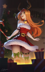 Rule 34 | 1girl, alternate costume, animal ears, antlers, armpits, bow, breasts, brown hair, christmas, cleavage, closed mouth, collarbone, cowboy shot, elbow gloves, fake animal ears, gloves, green bow, green eyes, hairband, highres, horns, katarina (league of legends), large breasts, league of legends, lipstick, long hair, looking at viewer, makeup, red thighhighs, reindeer antlers, signature, sketch, slay belle katarina, smile, solo, standing, striped clothes, striped thighhighs, thighhighs, white thighhighs