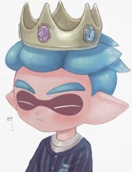 ... 1boy absurdres blue_hair closed_eyes closed_mouth crown hair_slicked_back highres inkling inkling_boy inkling_player_character jersey lc02_nao male_focus nintendo pointy_ears shirt short_hair simple_background solo splatoon_(series) tentacle_hair thick_eyebrows upper_body white_background white_shirt