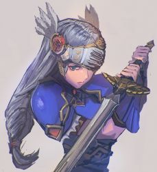 Rule 34 | 1girl, armor, armored dress, blue armor, feathers, gold trim, helmet, holding, holding sword, holding weapon, lenneth valkyrie, low-braided long hair, low-tied long hair, madsensei, shoulder pads, sword, valkyrie, valkyrie profile (series), weapon, winged helmet