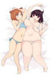 Rule 34 | 2girls, blue eyes, breasts, brown hair, commentary request, covered erect nipples, fat, full body, highres, large breasts, lying, multiple girls, munimuni kinoko, navel, on back, open mouth, original, purple hair, red eyes, smile, thick thighs, thighs