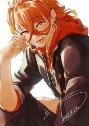 Rule 34 | 1boy, absurdres, earrings, fire emblem, fire emblem engage, hand on own face, highres, hood, hoodie, jacket, jewelry, long sleeves, looking at viewer, male focus, medium hair, nintendo, open mouth, orange hair, pandreo (fire emblem), smile, solo, wa gamc, white background, yellow eyes